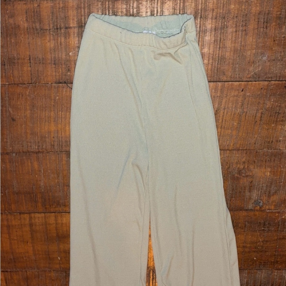 Princess Polly Sage Green Ribbed Wide Leg Pants | Lounge Minimalist Aesthetic